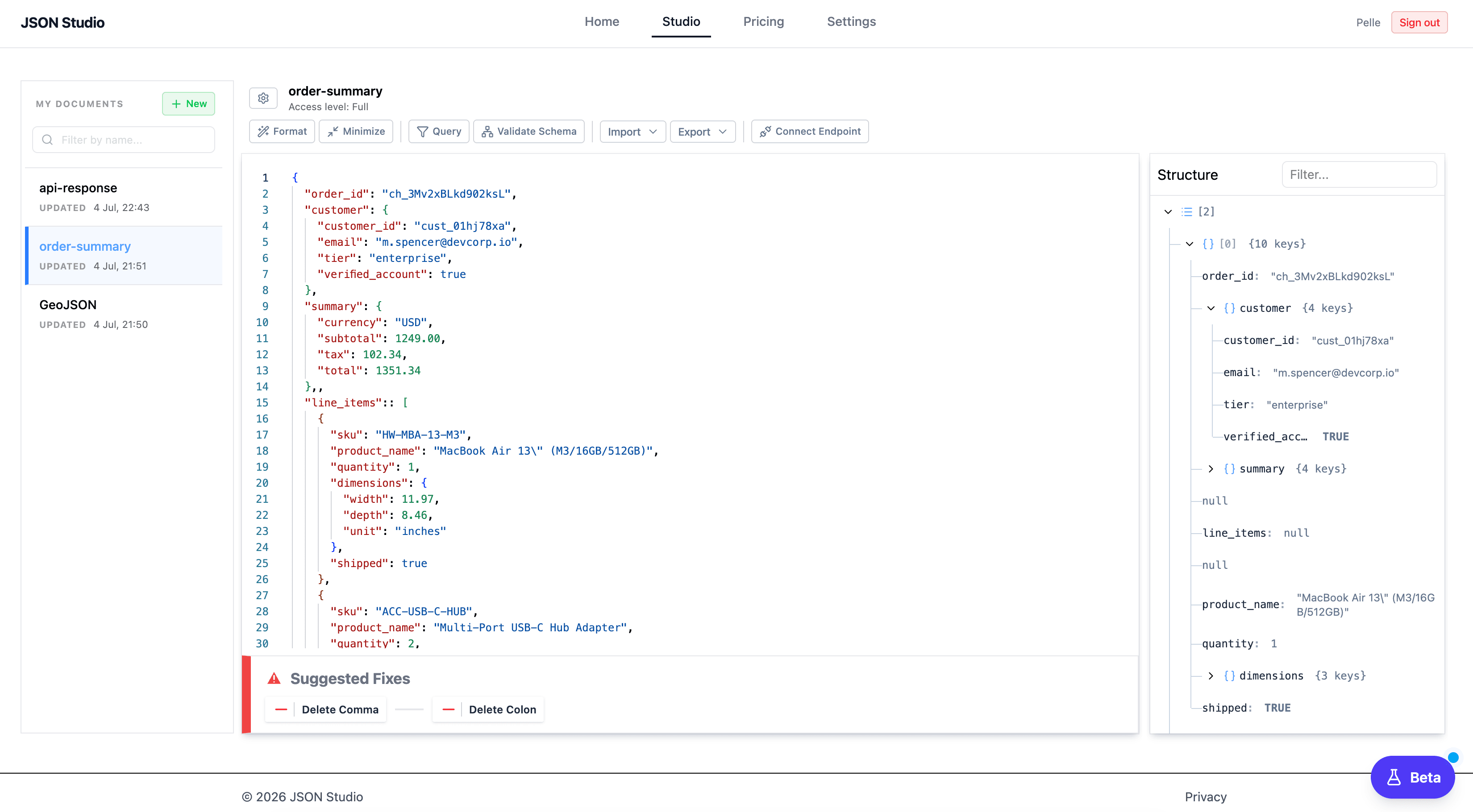JSON Studio application interface screenshot